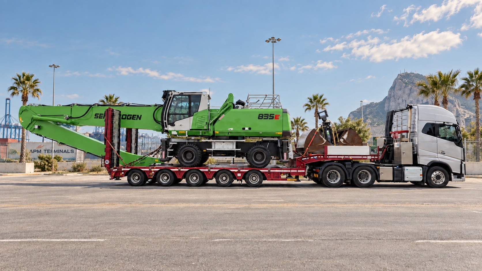 SENNEBOGEN 835 E material handler loaded on a low-loader in Europe